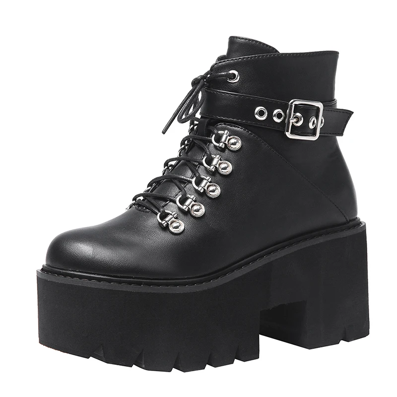 black shoes Gdgydh/осенне-зимние ботинки на платформе и не сужающемся книзу массивном каблуке черные ботинки в готическом стиле на шнуровке Удобная пикантная обувь с плюшевой подкладкой и пряжкой - Цвет: black shoes