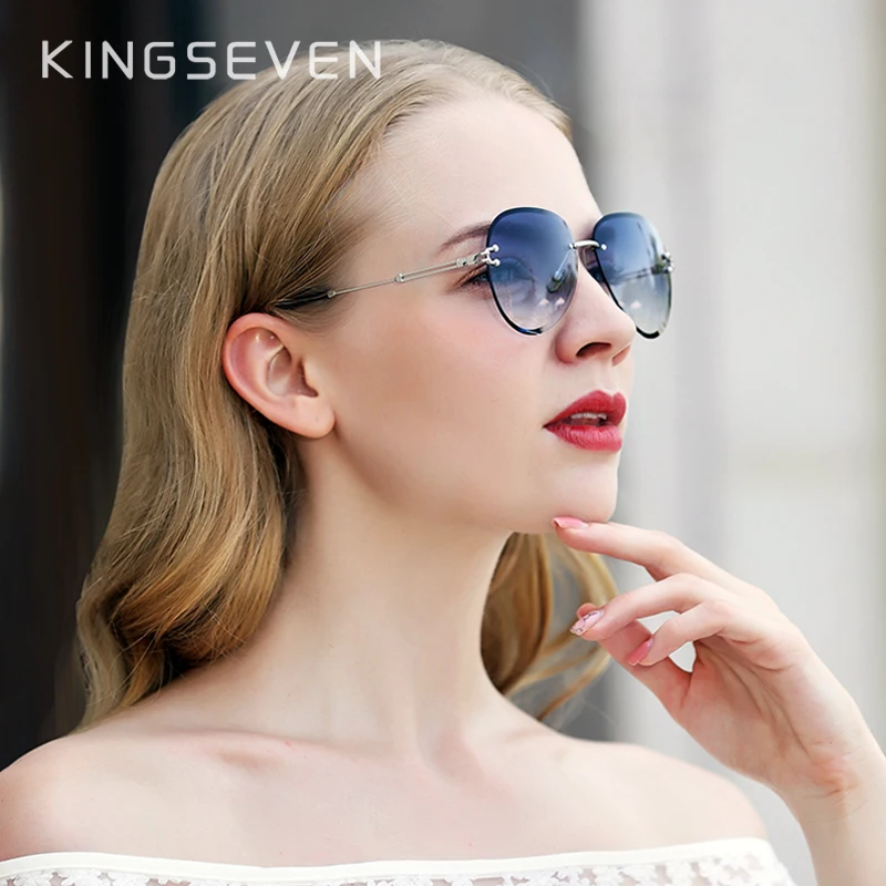 Женские солнцезащитные очки без оправы KINGSEVEN синие авиаторы с градиентными