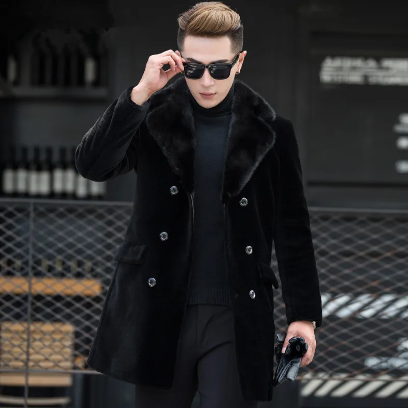 black-double button Натуральное меховое пальто мужская зимняя куртка норковый меховой воротник шерстяное пальто мужская одежда овечья овчина длинные пальто размера плюс MY5164 - Цвет: black-double button