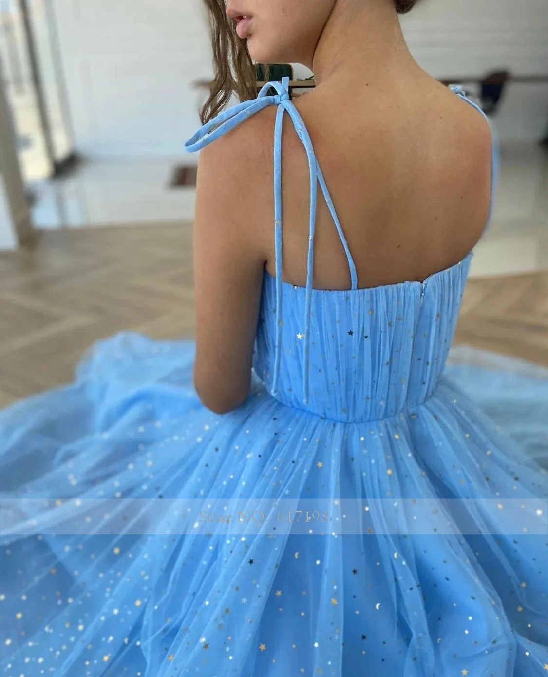 satin prom dress Blue Prom Dresses Pleats Beads Applqiues Sweetheart Spaghetti Straps Tulle Tea Length A-Line Evening Gowns ball gown dress