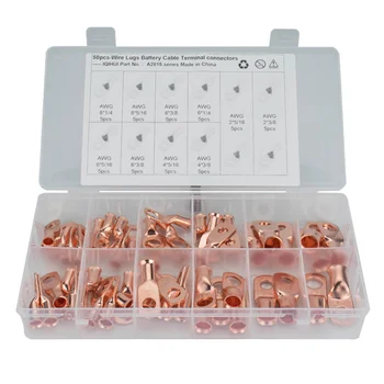 

50Pcs 10Models US Standard T2 Red Copper Amphenol Connector Heavy Duty Wire Lugs Battery Cable Closed Ends Bare Copper Eyelets T