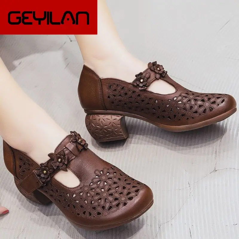 

2020 Spring Summer Hollow Genuine Leather Medium Heels Women's Shoes Retro Handmade Sandals Women's Thick Heel Shoes