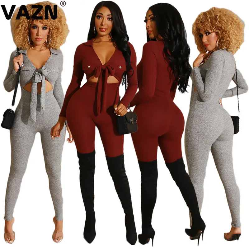VAZN DAN8199 новые открытые кружевные брюки-карандаш однотонные повседневные женские комбинезоны сексуальные длинные штаны с v-образным вырезом Мягкие облегающие комбинезоны