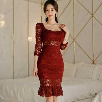 

Solid Hollow Out Lace Ladies Dresses Three Quarter Wrap Bodycon Dress Women Ruffle Spring Womens Dresses New Arrival 2020 Jurken