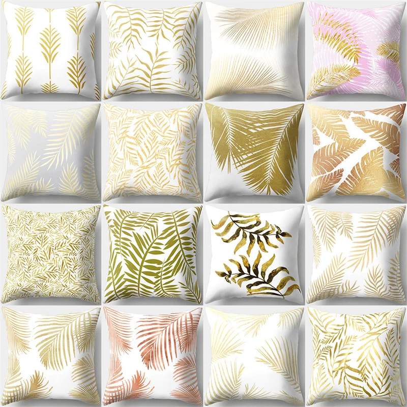 

45x45cm Tropical Plants Pillow Case Golden Leaves Plant Cushion Pillow Cover Polyester Peachskin for Office Sofa Home Decorative