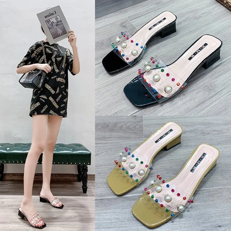 

Women Slippers Summer High Heels Slippers Fashion crystal Transparent PVC Shoes Women Sexy Beach Party Office Slides plus Size