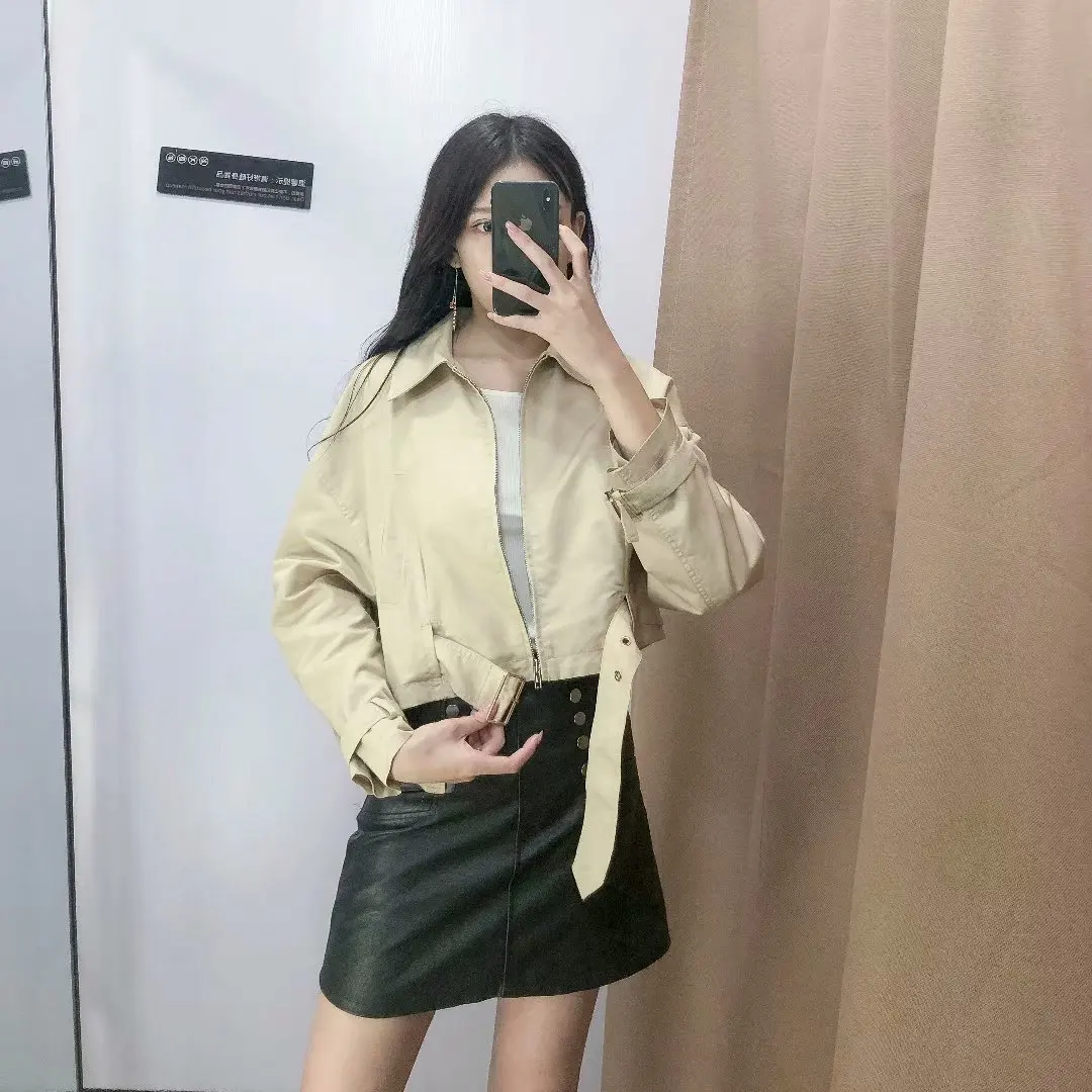 

F2067-Western Style WOMEN'S Dress 2019 Spring And Autumn New Style Fold-down Collar Zipper Belt Jacket Women's