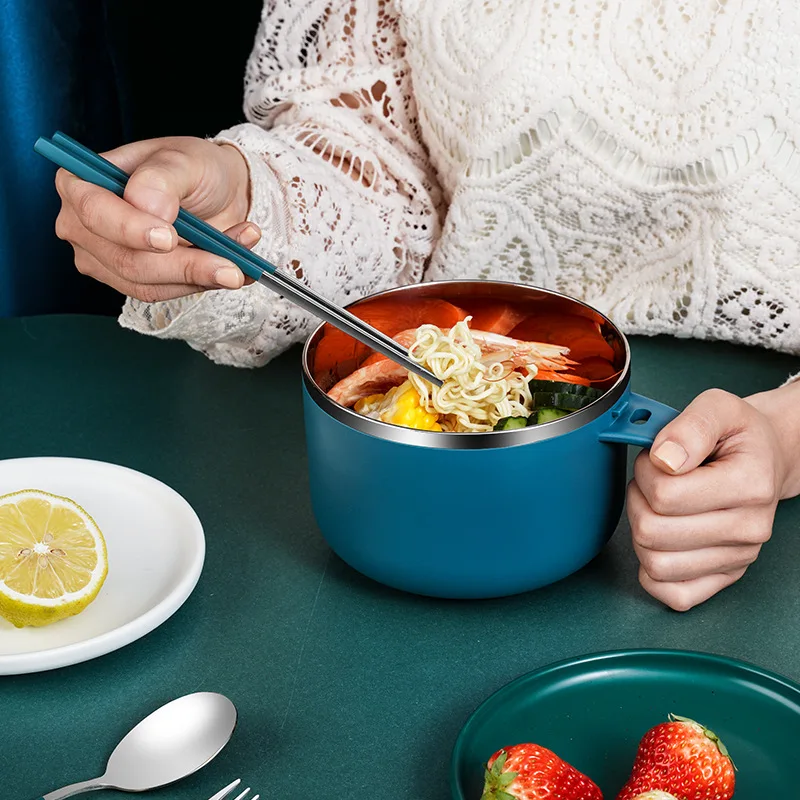 Instant Noodle Bowl with Strainer Lid Stainless Steel Ramen Meal