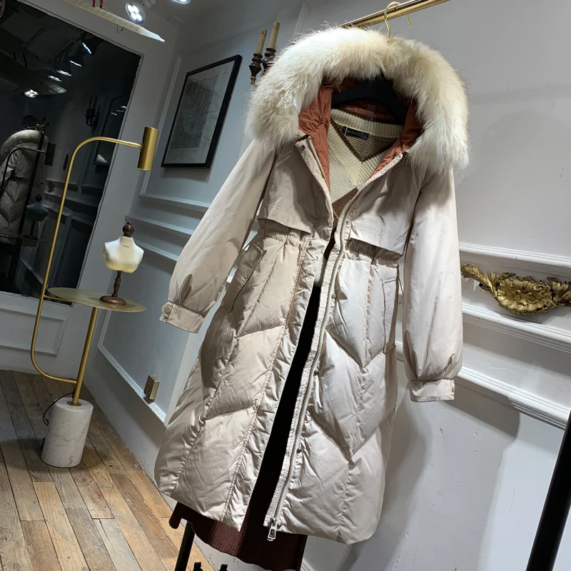 Beige Белый пуховик женский корейский большой меховой воротник зимняя куртка женская теплая Куртка парка с капюшоном Mujer 9641 YY1591 - Цвет: Beige