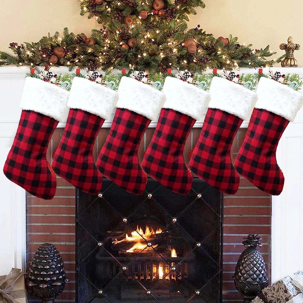 Christmas Gift Stockings Plaid Print Gift Bag Candy Bags Gift Packaging Storage Pouch Xmas Stockings Christmas Hanging Ornement