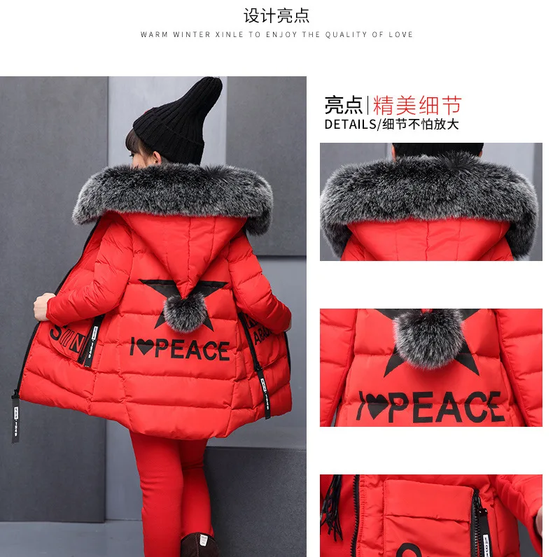 Girls Clothing winter Sets Winter Hooded Warm Vest Jacket+Warm Top Cotton Pants 3 Pieces Set Girl Cotton Coat with Fur Hood