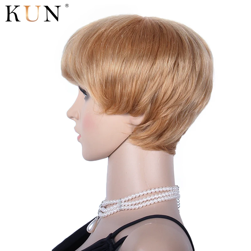 Pixie Cut короткие человеческие волосы парики# 27A клубника блонд парик фронта шнурка предварительно сорвал короткий Боб Cut парики парик Remy для женщин