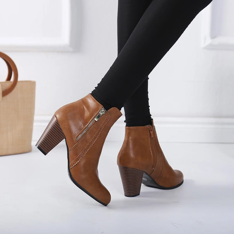 Women Ankle winter snow Boots High Heels Shoes PU leather Fashion Zipper Comfortable Short Botas Casual women shoes mujer