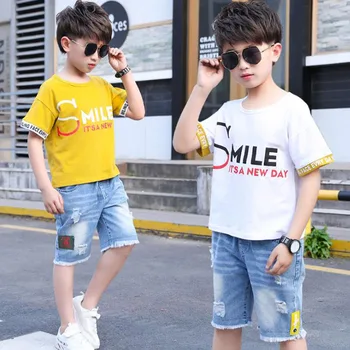 

Children's Wear 2020 Summer boy Clothes jacket Fashion Letter Print T-shirt Top +Jeans Sportswear Set 4-11 Quality kids Costumes