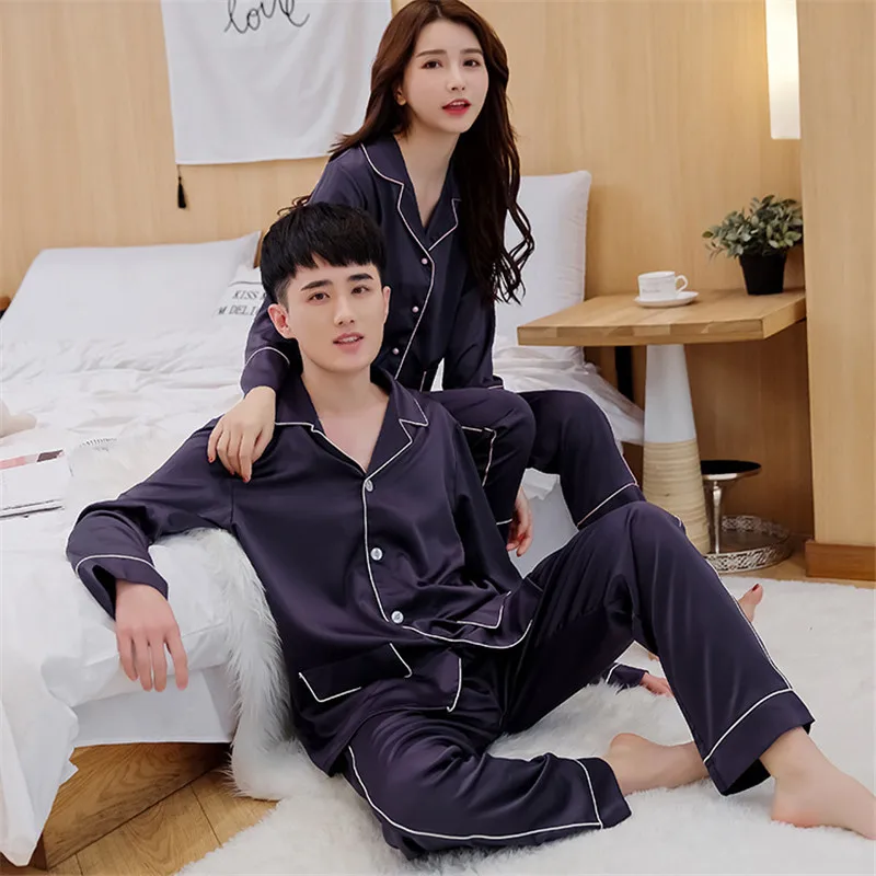 

FZSLCYIYI Couples Men Women Ice Silk Satin Pajamas Set 2Pcs Homewear Long Sleeve Shirt Pants Lovers Sleepwear Nightwear