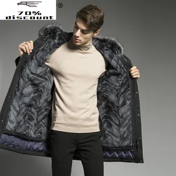 Preise Winter Gans Unten Jacke Männer Echt Pelzmantel Natürliche Kaninchen Pelz Liner Fuchs Pelz Kragen Lange Warme Mäntel Parkas 2020 28P9234-2