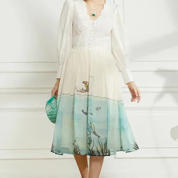 

Fresh Women Midi Skirt Little monkey FishingCartoon print lady Casual Long Skirts Wild Stylish Female Clothing