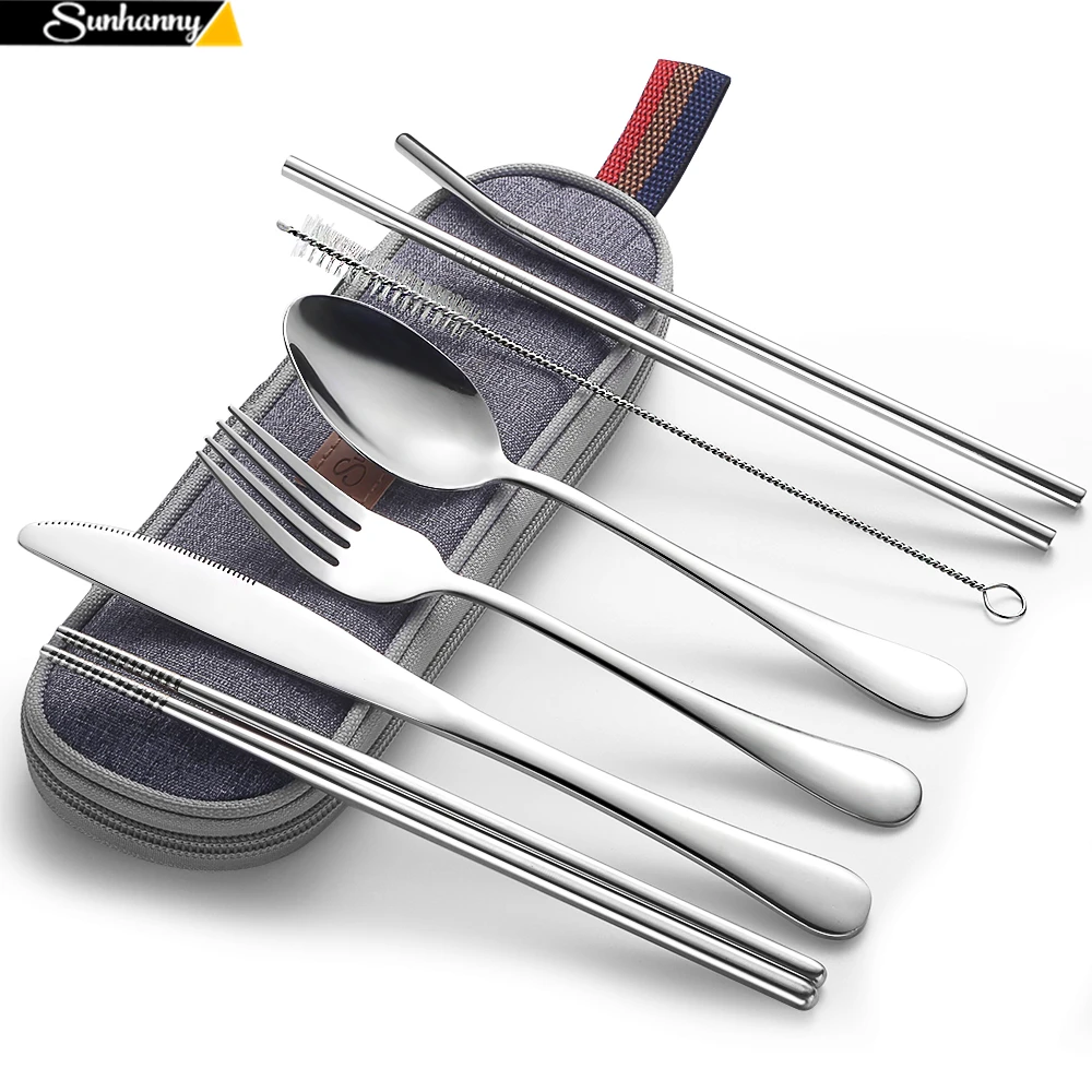 

Dinnerware Set Travel Camping Cutlery Set Reusable Silverware with Metal Straw Spoon Fork Chopsticks and Portable Case