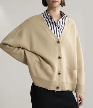 

Women Cardigan Sweater Merino Wool V-neck Wide Cuffs Side Pockets Monogram Buttons Up Front Oversized Knitted Jumper