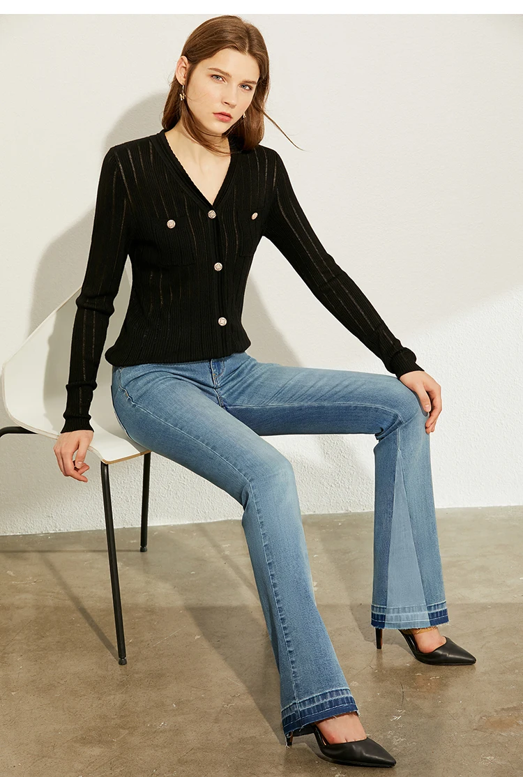 AMII Minimalism Summer Autumn Fashion Spliced Flare Women jeans Causal Cotton High Waist Ankel-length Female Jeans 12030139
