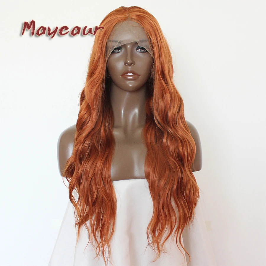 

Maycaur Orange Water Wavy With Natural HairlineSynthetic Lace Front Wigs Heat Resistant Fiber Hair Free Part For Black Women