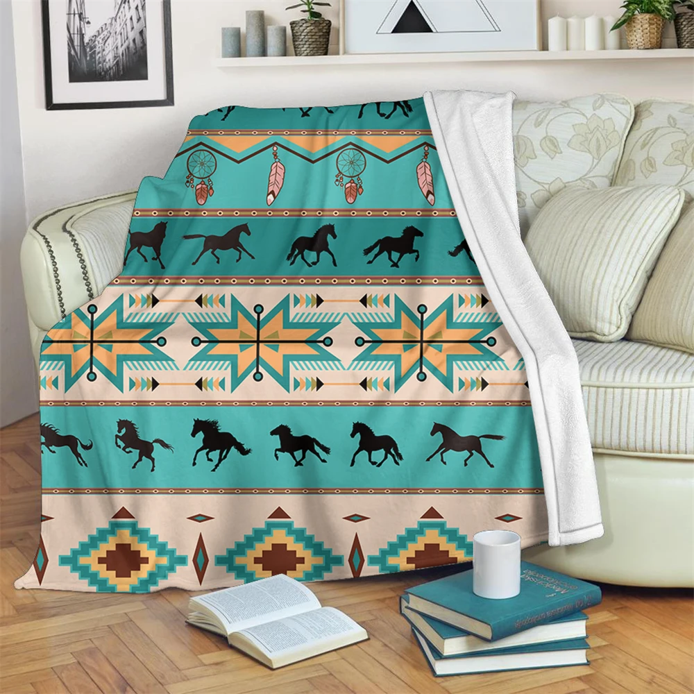 HUGSIDEA Tradition Aztec Running Horse 3D Print Plush Blanket Bedspread