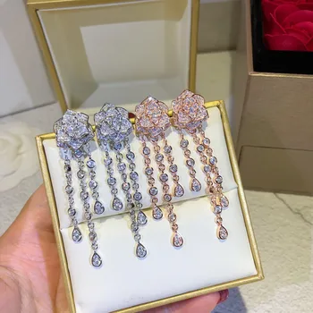 

Hot brand S925 sterling silver party jewelry rose earrings tassels camellia flower long earrings