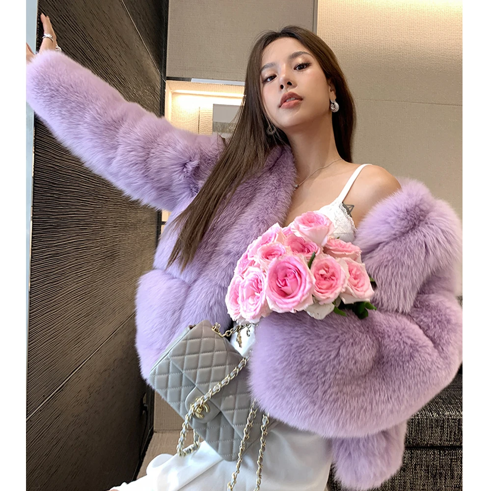 Fashion Fox Fur Jacket Women Natural High Quality Light Purple Color Genuine Fox Fur Coat Female Winter Fur Overcoat Luxury 2022