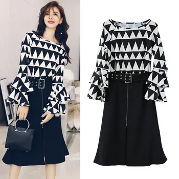 

With Sashes Women Spring Autumn Clothing Set Long Flare Sleeve Plaid Pirnt Blouse Tops And Ruffles Zipper Skirts Suit Sets NS33