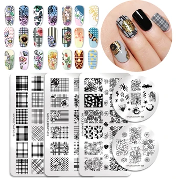 

NICOLE DIARY Nail Stamping Plates Rectangle Round Flower Grid Plaid Geometric Image Print Stencil Nail Template for Polish Gel