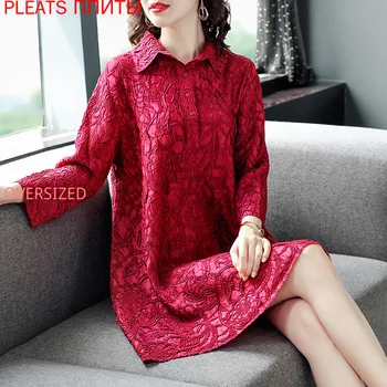 

Pleats Dress Women's Autumn New Heavy Industry Miyake Pleated Loose Slim Lapel Long Sleeve Red Dresses Vestido De Mujer