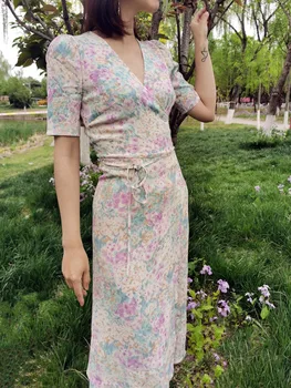 

Women Wrap V-neck Midi Dress Short Sleeve Floral Print Ladies Long Dress For Summer Dresses With Belt New