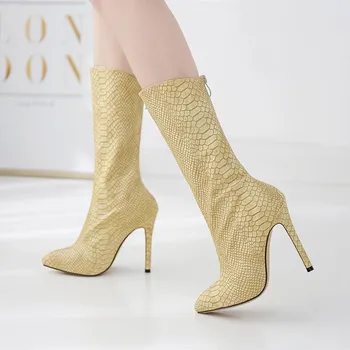 

Snake Grain Sexy Boots Women Winter Patent Leather Yellow Boots Block High Heels Autumn Designer Chelsea Boots Bottes Femme