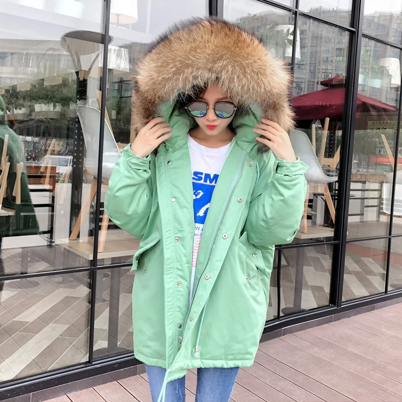 

Autumn And Winter Korean-style Thick Dongdaemun Short Drawstring Waist Hugging Really Raccoon Fur Collar Hooded Duck down Jacket
