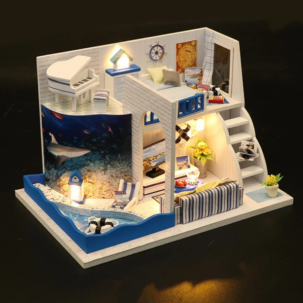 1:24 DIY Miniature Wooden Dolls House Furniture LED Light Kit, 3D House Puzzle Dollhouse Model Kits – The Sound of the Sea