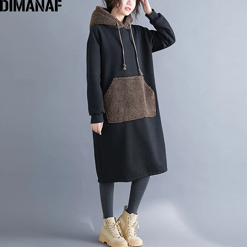 Yi96962CN-hei DIMANAF женское платье большого размера, зимнее кашемировое женское платье с карманами, повседневное свободное платье с капюшоном - Цвет: Yi96962CN-hei