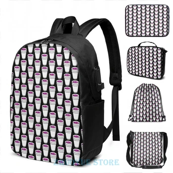 

Funny Graphic print Lean Cup USB Charge Backpack men School bags Women bag Travel laptop bag