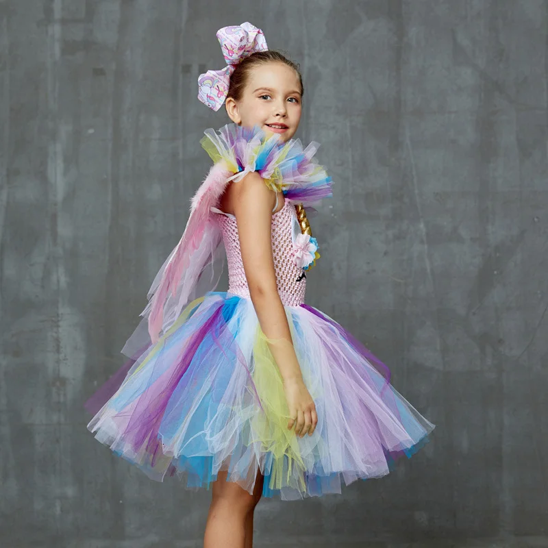 Kids Girls Unicorn Tutu Dress Pastel Rainbow Flower Princess Girl Birthday Party Dress Handmade Pageant Halloween Tutu Costume (4)
