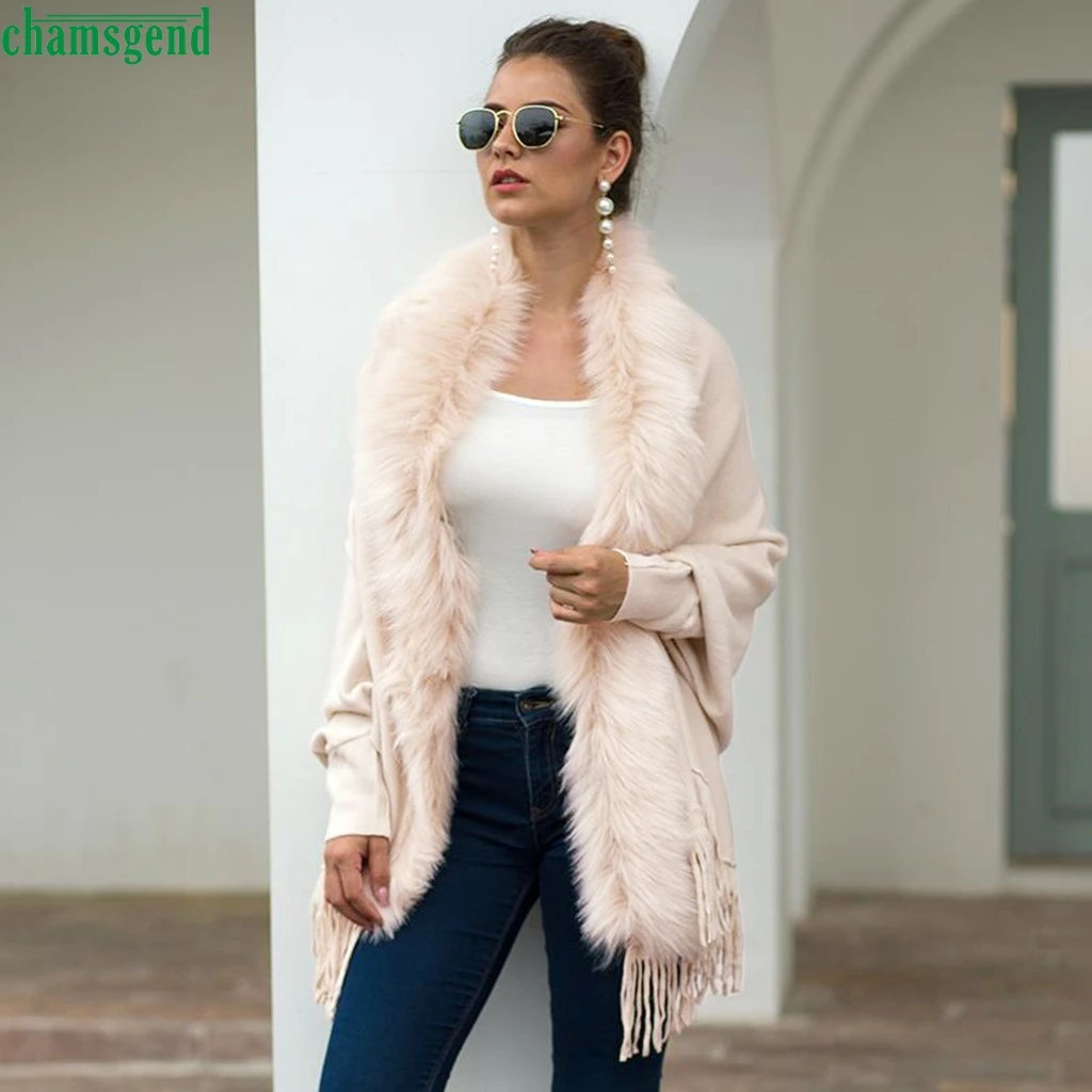 

Chamsgend Women's Tassel Cloak Shawl Sweater Fur Collar Solid Cardigan Knitted Coats Winter Cashmere Poncho Capes Open Stitch