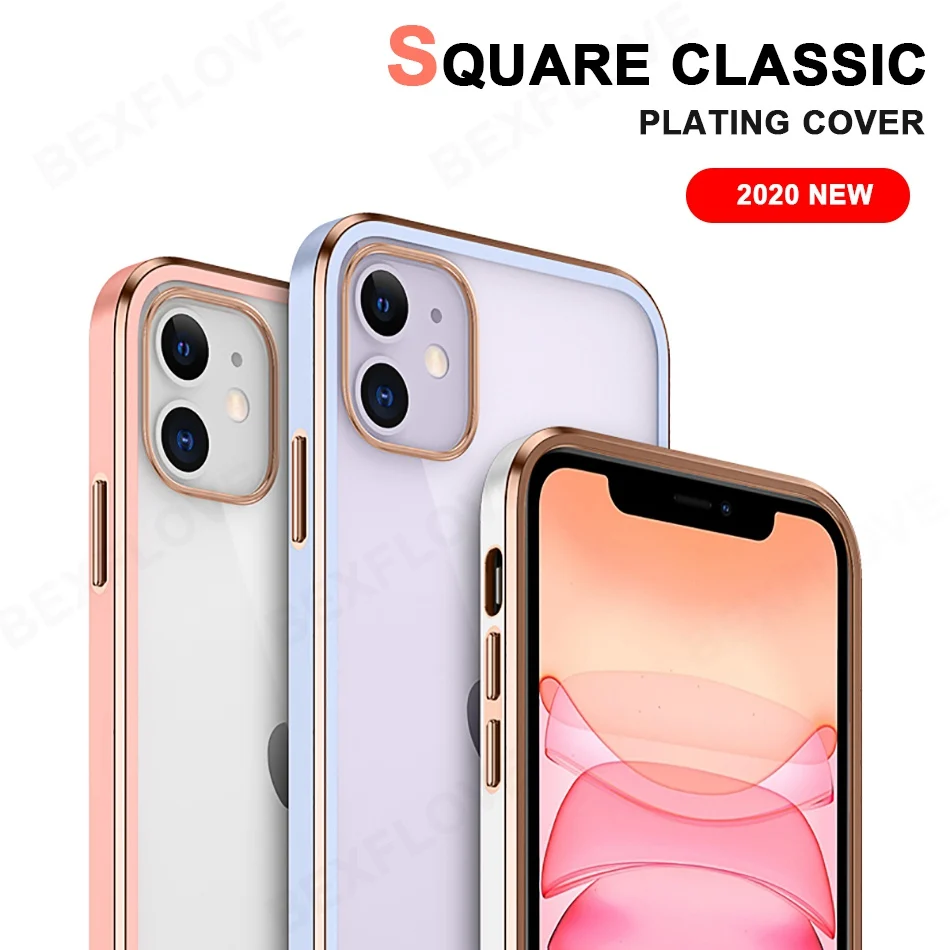 Luxury Phone Case For iPhone 11 Pro XS Max 12 XR X XS 7 8 Plus SE 2020 2 Cases Silicone Transparent Square Plating Clear Cover Luxury Phone Case For iPhone 11 Pro XS Max 12 XR X XS 7 8 Plus SE 2020 2 Cases Silicone Transparent Square Plating Clear Cover