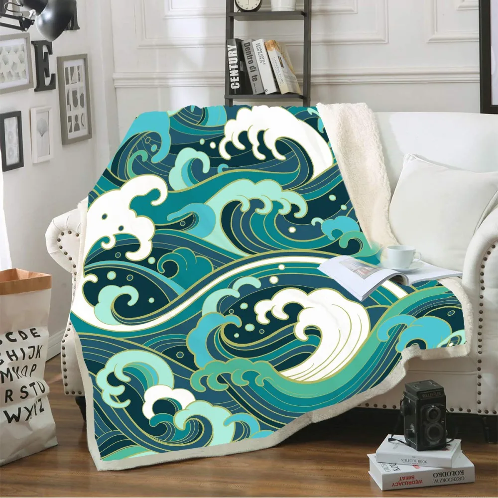 Custom Home 150x200cm Sherpa Throw Blanket Summer Holiday Wave Print Hot Sofa Coral Warm Cozy Bed for Girls Boys | Дом и сад