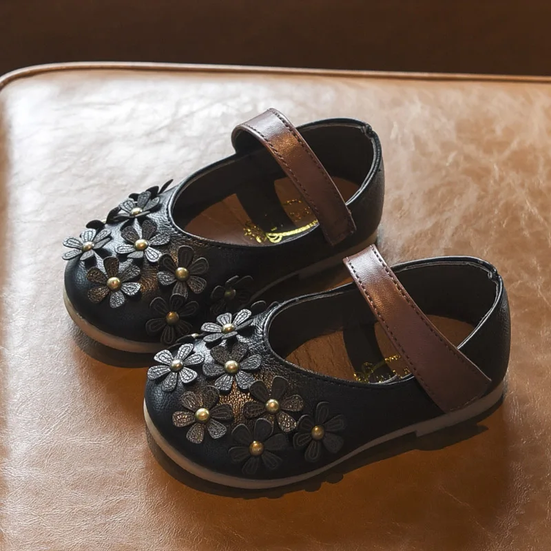 Bakkotie New Kids Black Pu Leather Shoes Baby Girls Autumn Sweet Flowers Pink Mary Jane Flats Toddler Fashion Dress Shoes