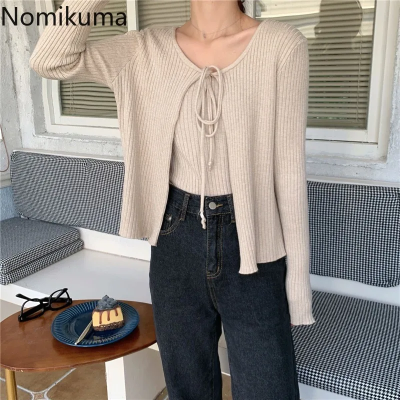 Корейский женский кардиган Nomikuma в стиле Харадзюку из двух частей однотонный на