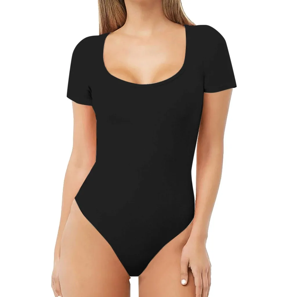 

New Women's Short Sleeve Bodysuits Casual Comfort Scoop Neck T-Shirts Basic Bodysuits Jumpsuit Cotton Solid Teddies Body Encaje