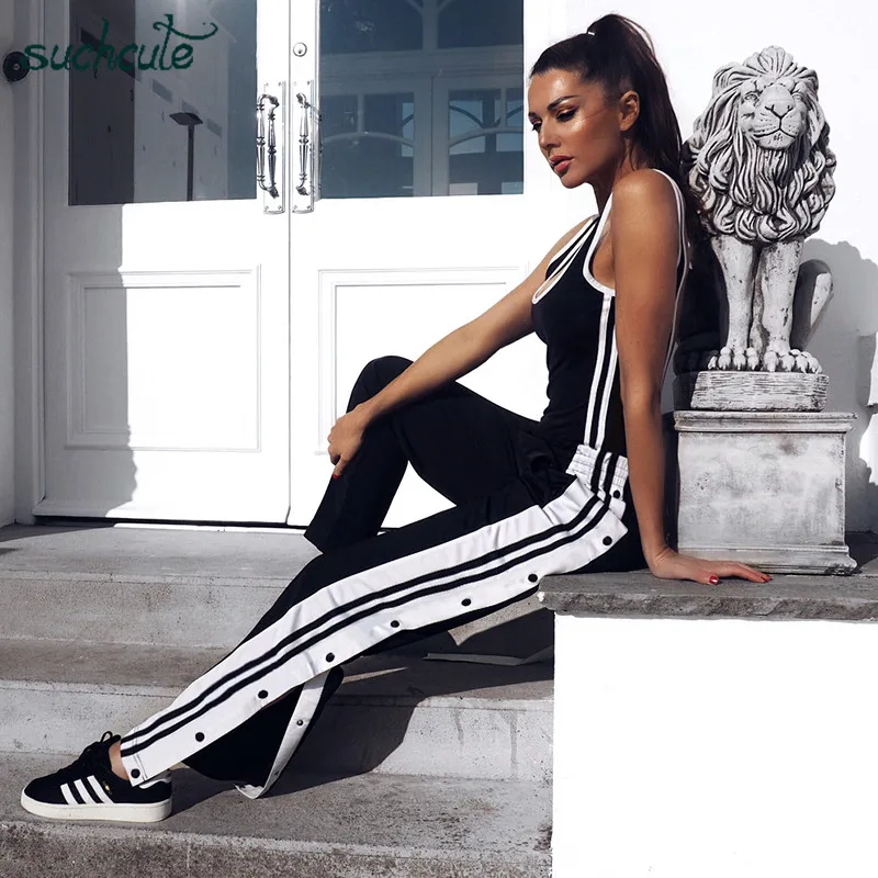 

SUCHCUTE Stripe Women's Pants Button Panties Korean Style Casual Wide Leg Breeches Hippie Jogger Korean Style Pantolon Festival