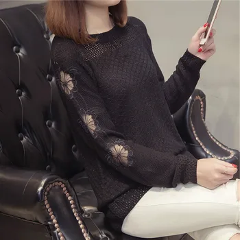 

Spring Women Sweet Cute Floral Lace Stitch Sweater Long Sleeve Pullover Hollow Out Girls Long Sleeve Transparent Black Sweaters