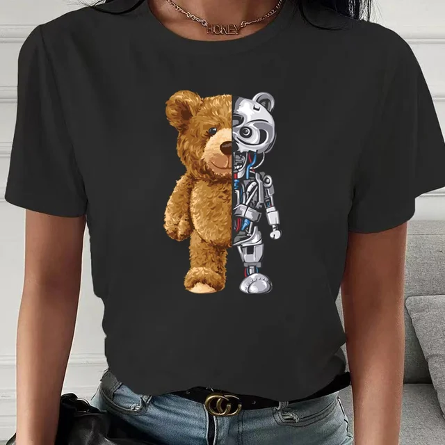 Fashion Bear Print Women T-Shirt Harajuku Round Neck Casual Loose Short Sleeve Summer Slim Soft Tops Clothing Hip Hop Streetwear 3bear020