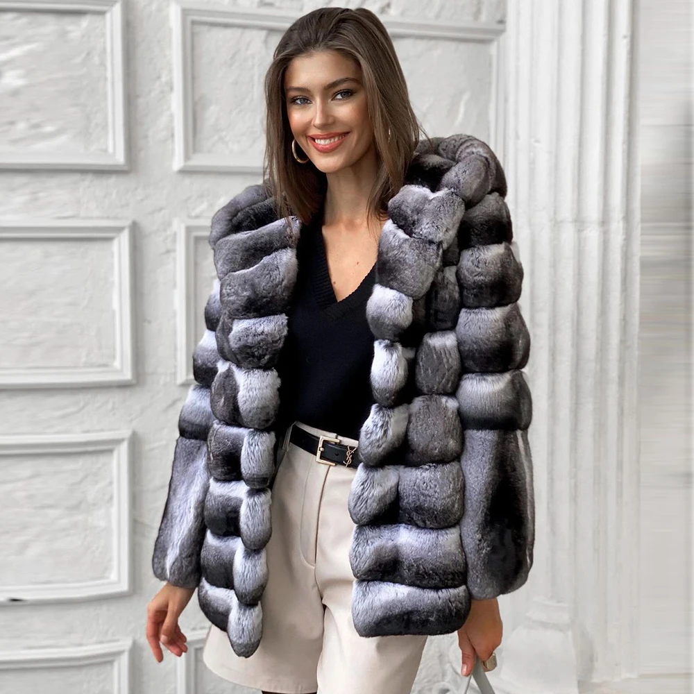 Women Real Chinchilla Rex Rabbit Fur Coat Hooded Warm Thick Jacket Overcoat