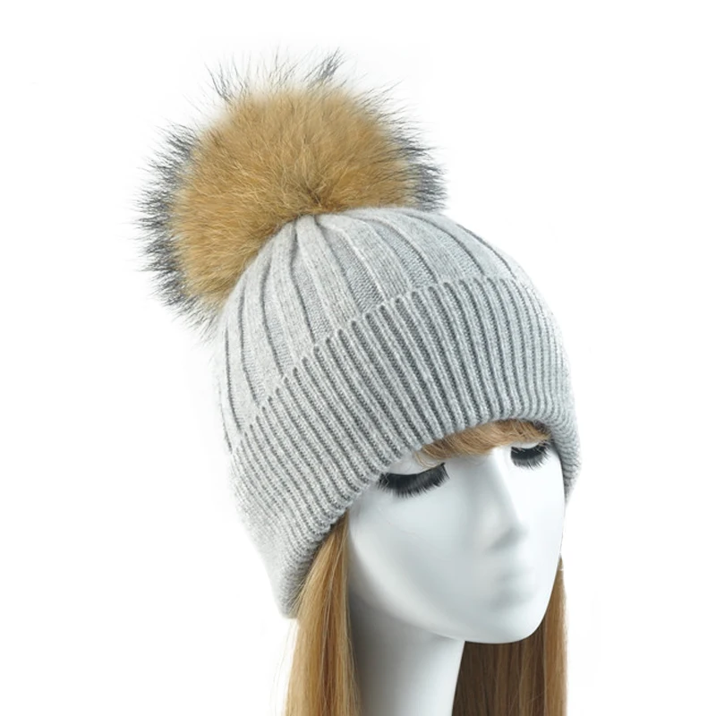Skup Kobiety czapka zimowa kobieta wymienny prawdziwy szop Pompon futrzany kapelusz czapka wełna czapka futro naturalne Pompon kapelusz dla kobiet czapki