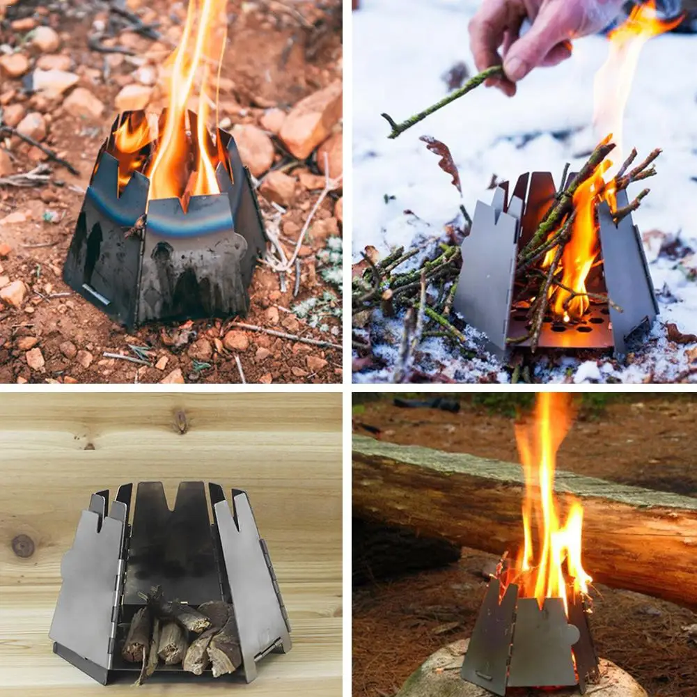 Mini Outdoor Camping Stove Folding Hexagon Wood Stove Stainlesss Steel Portable Furnace Cooking Survival BBQ Picnic Burners
